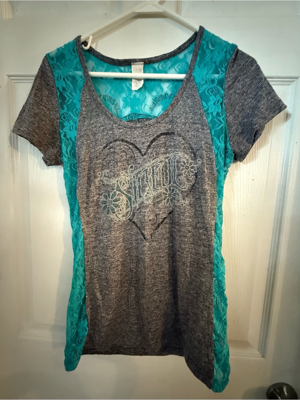 Women’s Sinful Brand Gray Tee With Teal Lace Insets. Size M